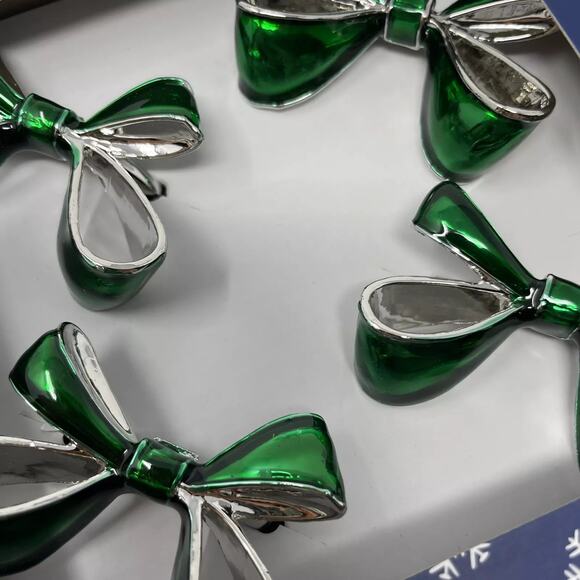 Green Bow Christmas Napkin Rings Set of 4 Silver Holiday Glam Cherish the Season - Picture 14 of 14
